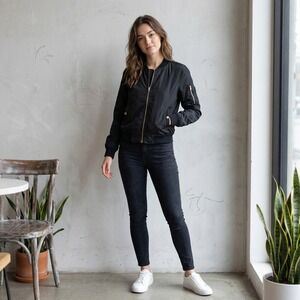 Vintage Y2K Wet Seal Black Bomber Jacket Gold Accents Cropped Retro Women Size M